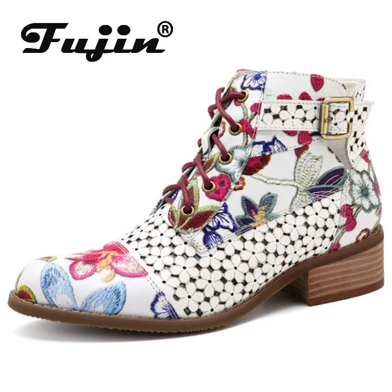 

Fujin Large Size Ankle Boots Boots 2019 Autumn and Winter 2019 New Explosions Color Matching Flowers Retro Women Boots 35-43