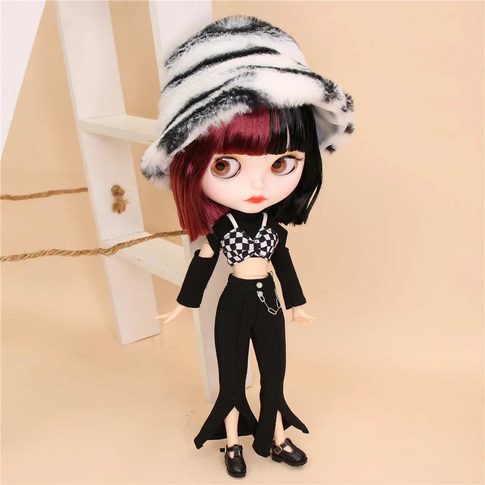 Neo Blythe Doll Cropped Top Shirt Bra with Bell Bottom Pant & Leopard Hat 9