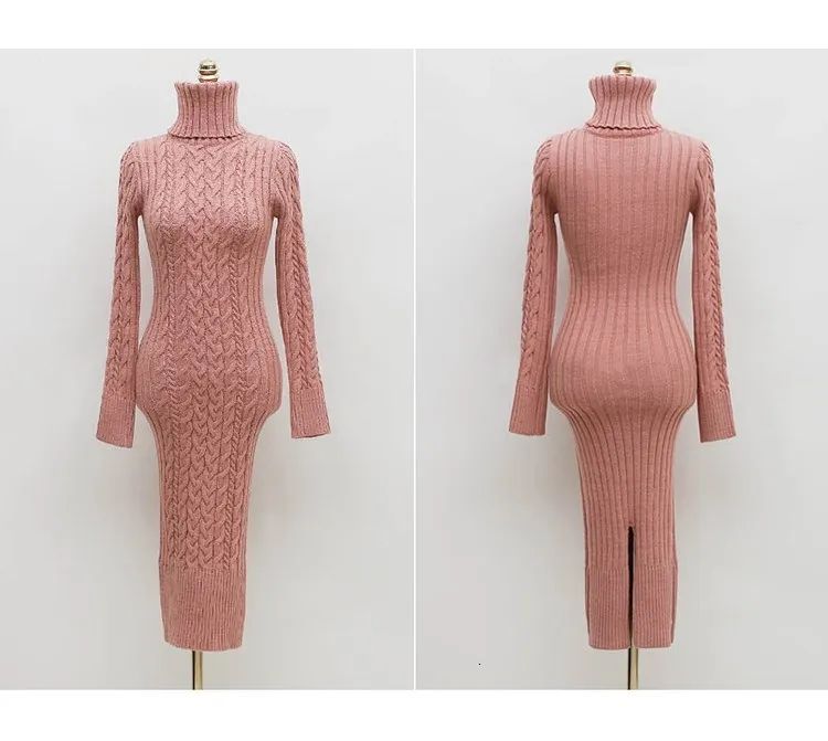 Элегантный зимний теплый вязаный свитер платье Женская мода Turtlenek с длинным рукавом сплит платье-футляр облегающее платье-карандаш