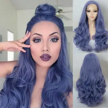

Blue Deep Wavy Glueless Purple Synthetic Machine Weft Made for Women Middle Parting Heat Resistant Cosplay Wig Free Shipping