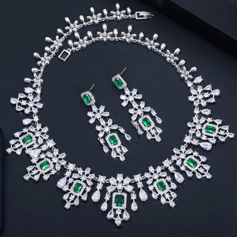 BeaQueen зеленый фианит люстра серьги и ожерелье большой Дубай Свадебные комплекты ювелирных изделий женские свадебные аксессуары JS207