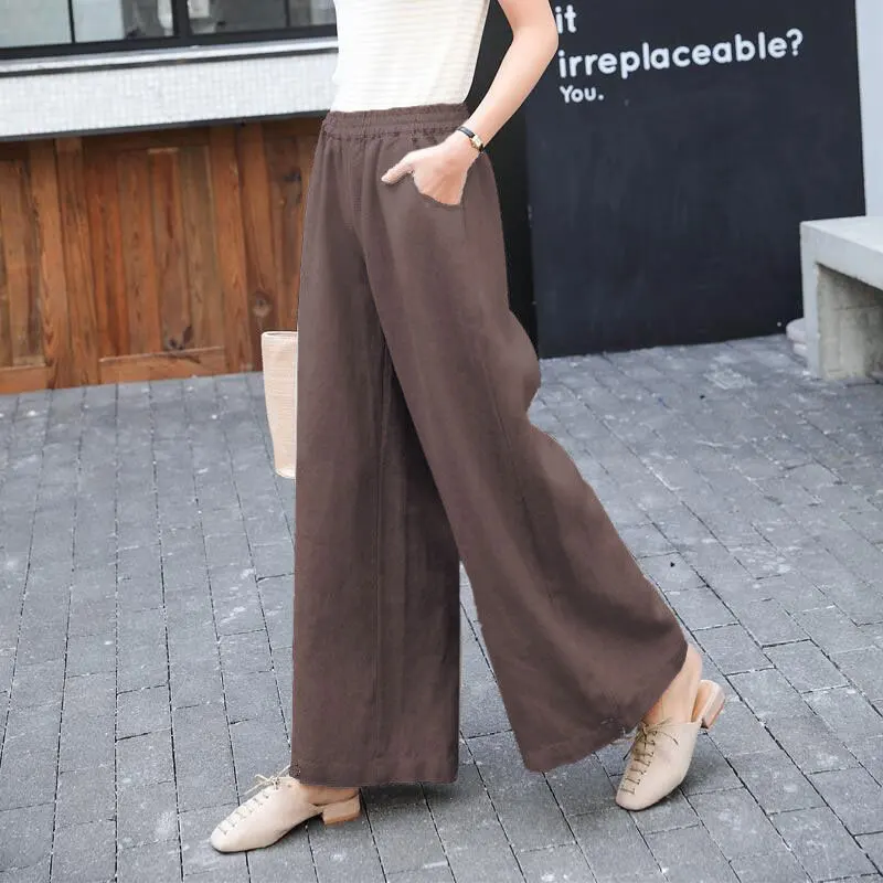 

New Summer Women Pants Plus Size High Waist Loose Solid Cotton Linen Wide Leg Pants All-matched Straight Casual Trousers D161