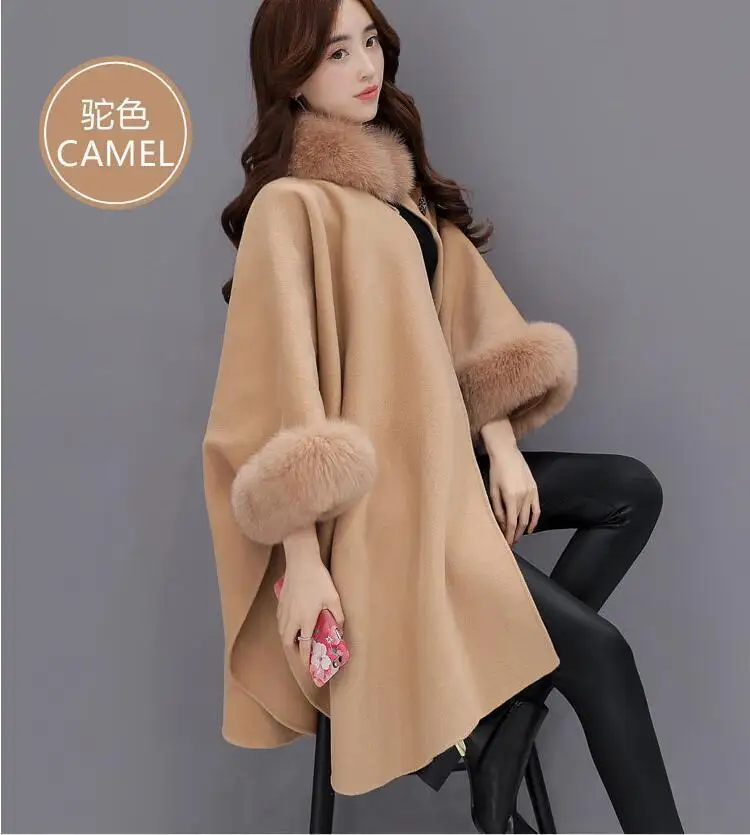 Весенне-осенний плащ с воротником из искусственного лисьего меха, Женское шерстяное пальто, большие размеры, Женское зимнее пальто, толстое корейское пальто, женский большой размер