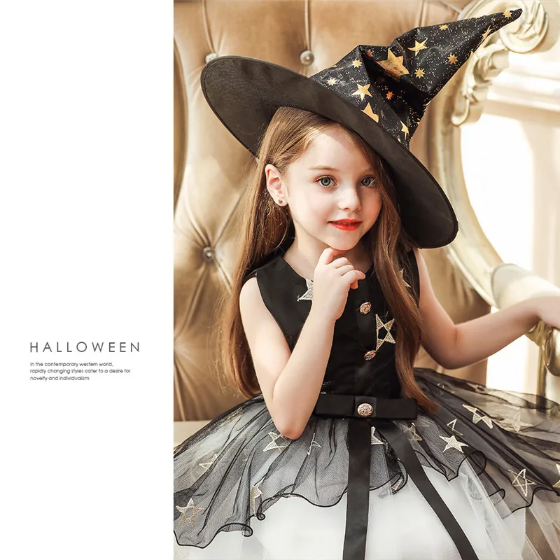 Карнавальный костюм на Хэллоуин; детское праздничное платье; платье с вышивкой в виде звезд ведьмы+ шляпа; детское черное платье принцессы