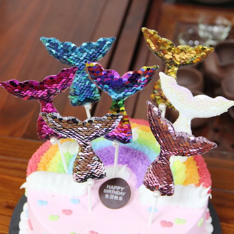 Ynaayu Mermaid Birthday Cake Topper Creative Shine Sequins Tail Insert Decoration Cupcake Flag For Party Supply | Дом и сад