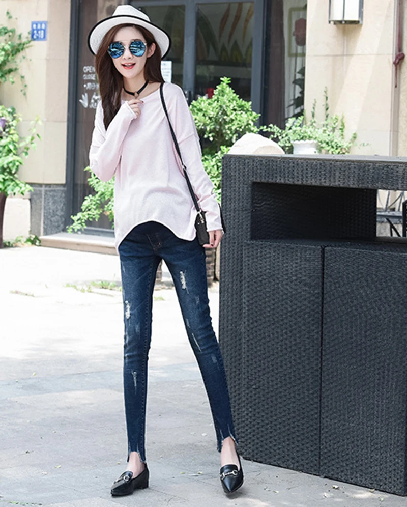 Maternity Clothes Jean Elastic Adjustable Waist Prop Belly Maternity Pant Soft Hole Ankle-length Pregnant Lady Casual Daily Pant