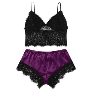 

Lingerie Sexy Bra Set Women's Sleepwear Sleeveless Strap Lace Trim Satin Cami Tops Pajama Sets Bras Women Brief Sets