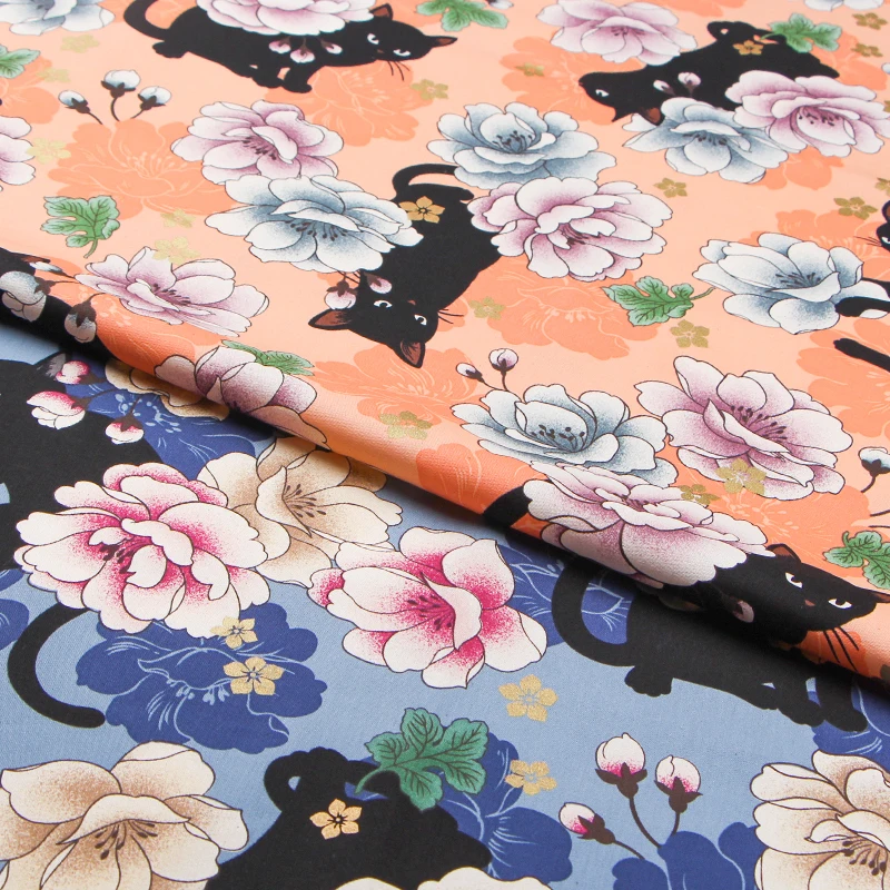Импортная ткань с золотым принтом черная кошка Пион цветок кластер напечатанный хлопок ручная работа Сделай Сам ткань для одежды скатерть