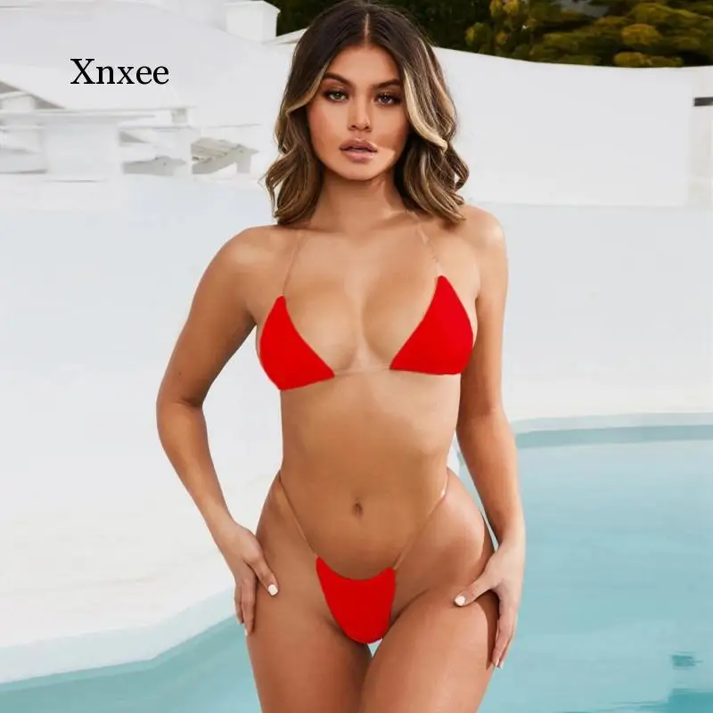 Solid Clear Strap Thong Mini Bikinis Suit Sexy Swimsuit Women Mujer Push Up  Micro Triangle Bikini Bathing Set Beach Swimwear - AliExpress