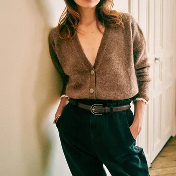 

France Style Runway Mohair Women Sweater Cardigans Vintage Fashion Lace Patchwork Long Sleeve Button Casual Loose Chic Sweaters