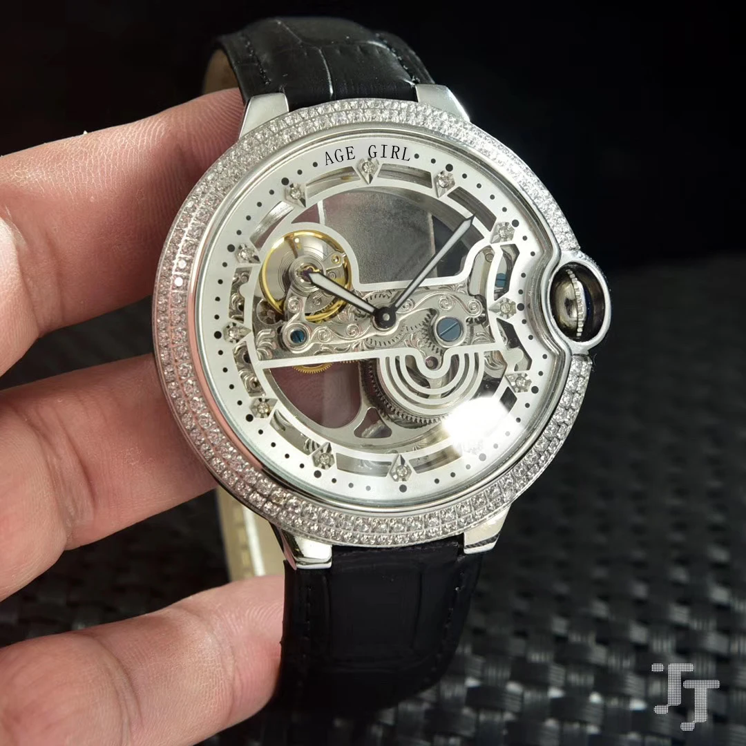 Silver White Роскошные брендовые новые мужские черные коричневые кожаные с бриллиантовым ободком автоматические механические часы из нержавеющей стали с каркасом турбийном сапфиром - Цвет: Silver White
