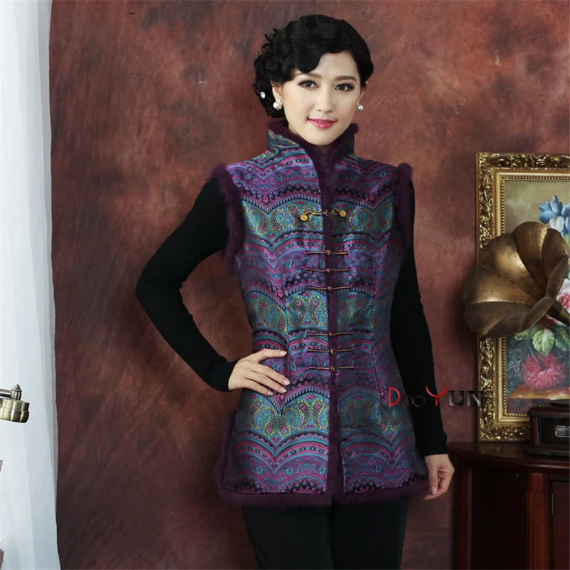 style 1 Женский жилет чонсам, Воротник из меха кролика, для матери среднего возраста, для свадьбы, банкета, тонкий хлопковый жилет в китайском стиле, женский жилет - Цвет: style 1