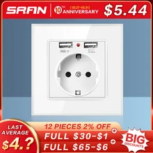 SRAN ЕС стандартная настенная электрическая розетка, розетка с usb двумя портами белый/черный/золотой кристалл стеклянная панель 86*86 usb штекер(China)