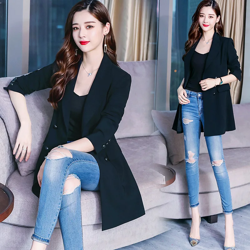

Small Suit 2019 Autumn Suit Collar Double Breasted Solid Color Long Sleeve Mid-length Street Slim Fit Pocket Button Elegant