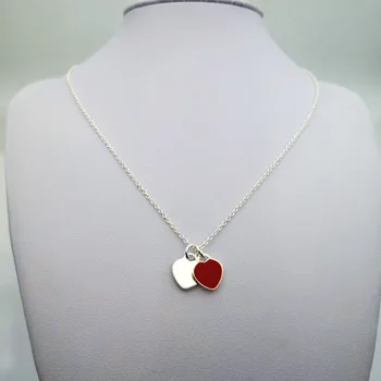 

Sterling Silver 925 Classic Fashion Red Enamel Heart Shaped Silver Heart Double Heart Pendant Women's Necklace Jewelrygif