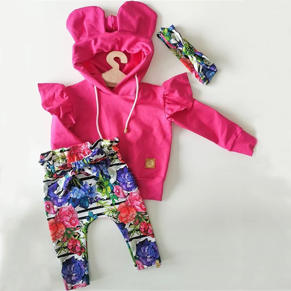 Комплекты одежды для маленьких девочек от 0 до 24 месяцев, пуловер с капюшоном и цветочным принтом, топы, штаны, повязка на голову, комплект одежды