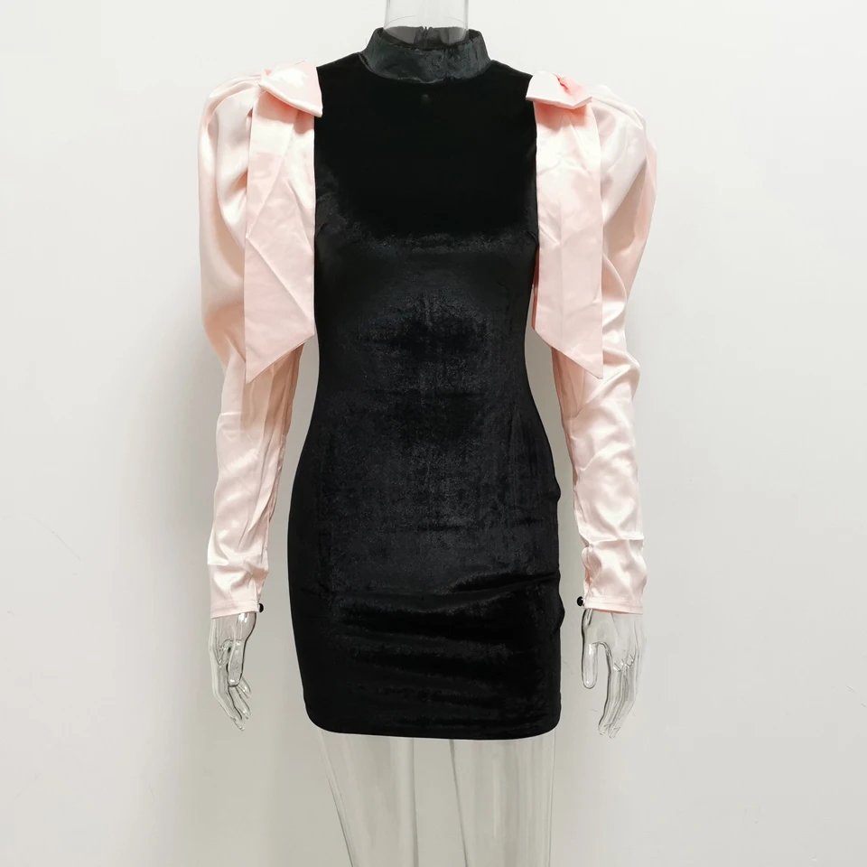 Cena JillPeri kobiety zima z długim rękawem muszka aksamitna sukienka wieczorowa moda bufiaste rękawy Patchwork Stretch Sexy krótki strój Mini sukienka