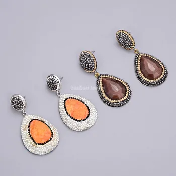 

GG Jewelry White Pearl Druzy Quartz Crystal Brown Cat's Eye CZ Paved Earrings