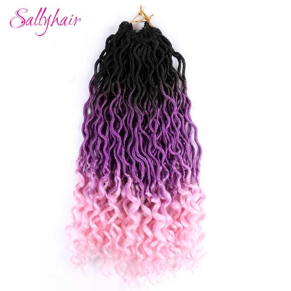 Sallyhair 24 Strands/Pack Faux Locs Curly Crochet Braids Hair Extension Synthetic Soft Ombre Braiding Hair Blue Pink Loose End