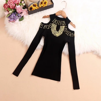 

Hollow Out Off Shoulder Sweater Top Women New Fashion Beads Sweaters Black Jumper Ladies Tops Ropa Mujer