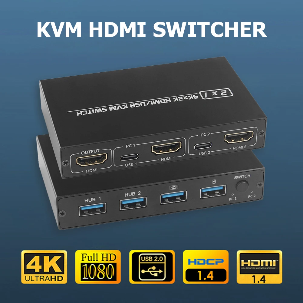 Divisor de interruptor KVM 4K con 2 puertos HDMI USB, para compartir Monitor, teclado y ratón, adaptador HDCP, enchufe para impresora y Play