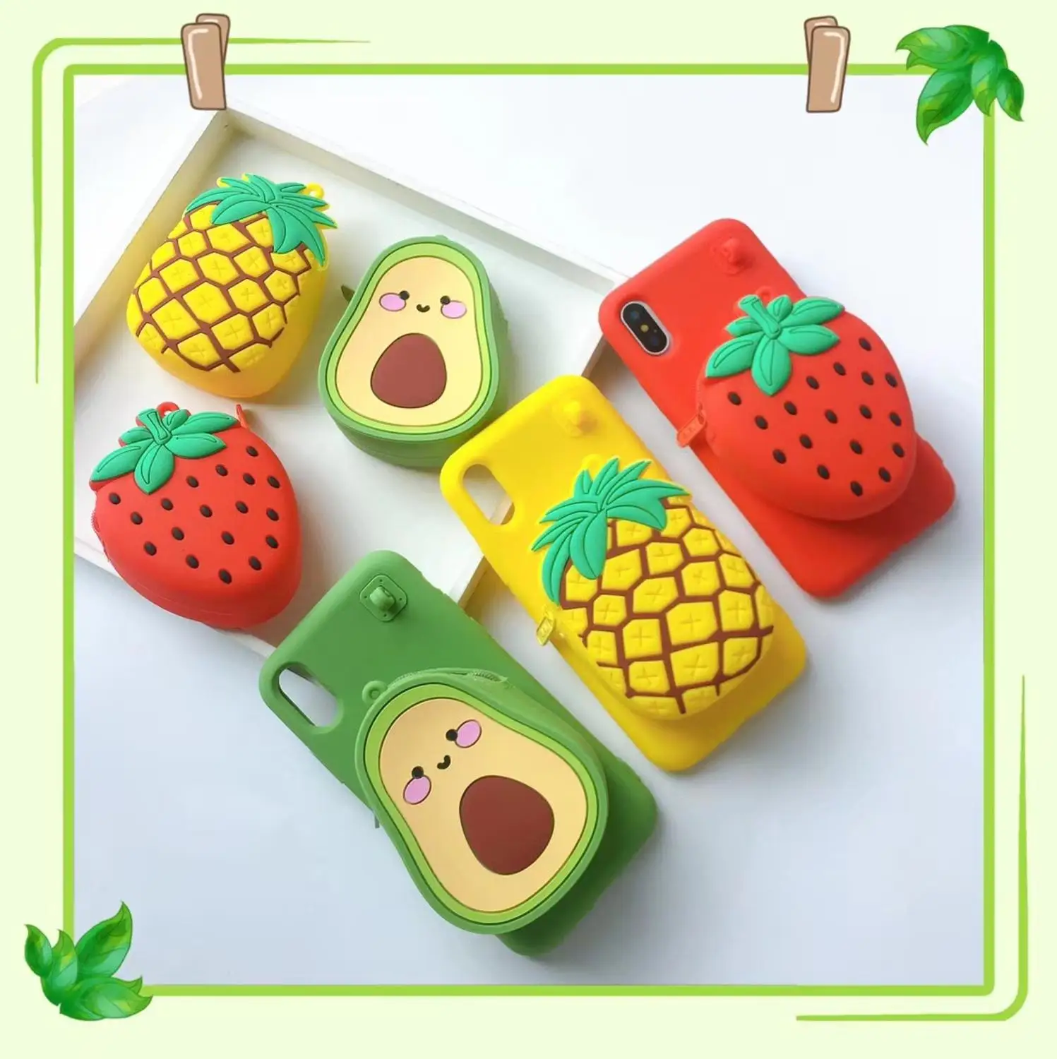 

Hot 3D Cute Avocado Pineapple Strawberry Multifunction Coin Purse + Lanyard Soft cover for iphone 11Pro MAX XS 11Pro XR 7 8plus phone case