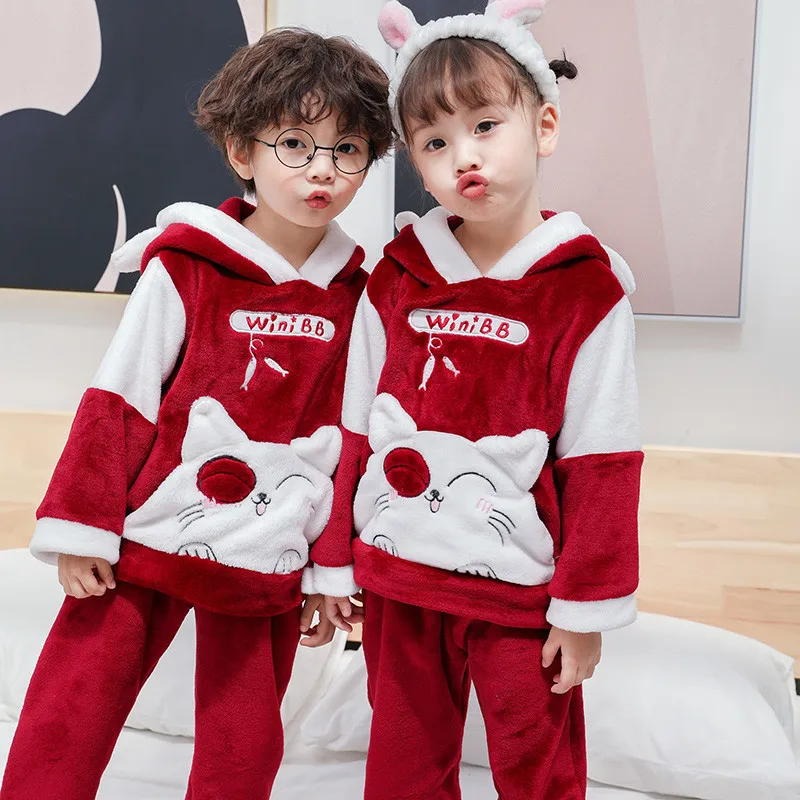 Winter Flannel Kids Pajamas Sets Warm Sleepwear Cartoon CAT Print Baby Girls Boys nightwear Children Girls 1 2 3 4 5 YEARS
