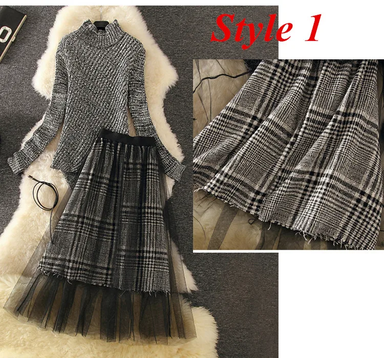 Style 1 big plaid Осенне-зимнее платье, набор,, женское длинное миди платье с высоким воротом, вязаный свитер, костюм, серое клетчатое облегающее платье для работы, офиса, вечерние, весенние - Цвет: Style 1 big plaid