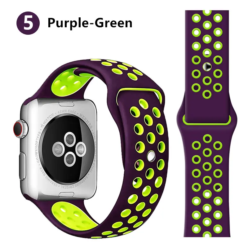 purple-green Силиконовый спортивный ремешок для apple watch, ремешок 44 мм, 40 мм, резиновый ремешок для часов, браслет Nike+ Iwatch, ремешок 42 мм, 38 мм, apple watch 5, 4, ремешок - Цвет ремешка: purple-green