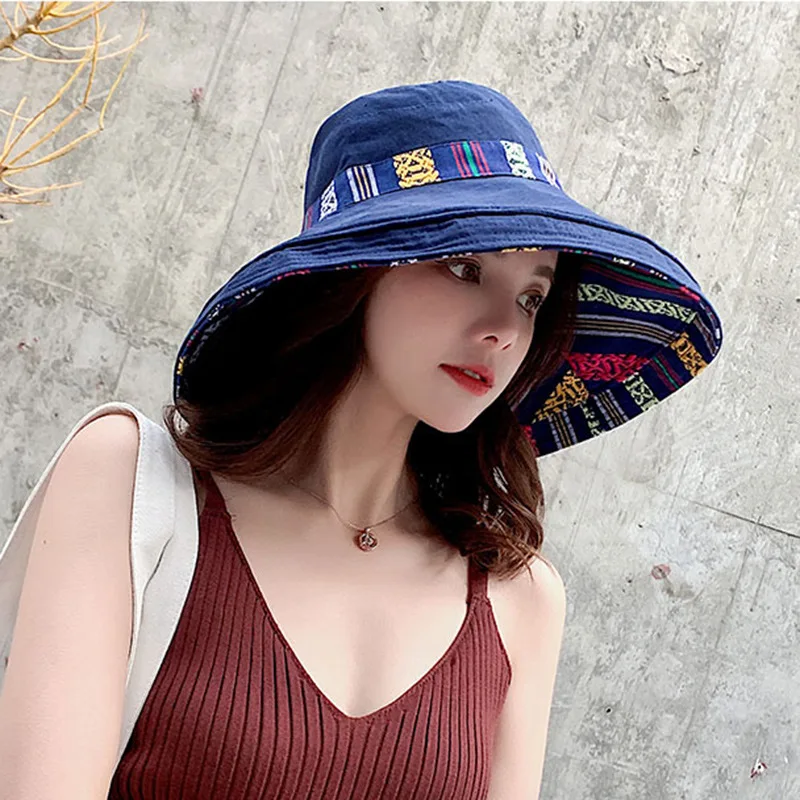 Navy Blue OMEA, двухсторонние солнцезащитные шляпы для женщин, Солнцезащитная шляпа с ветровой веревкой, с большими полями, с проволокой, повседневная, портативная, УФ-защита, Панама - Цвет: Navy Blue