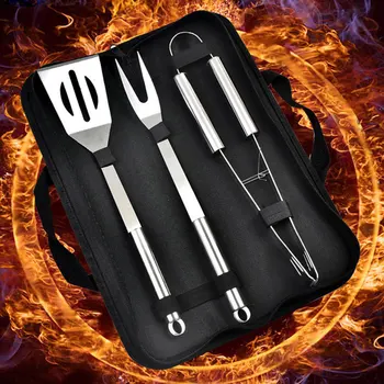 

3Pcs/Set BBQ Roasting Fork Clamp Shovel Roast Barbecue Needle Skewers Wooden Handle Stainless Steel Fork Cooking BBQ Tool Sets