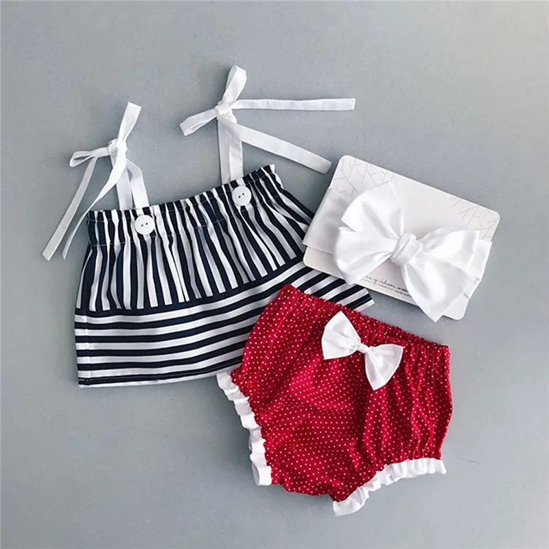 

CANIS casual Toddler Baby clothing Girls Kids Striped Sling Tops and shorts bow Headband polka dots Outfit ruffles Clothes Sets