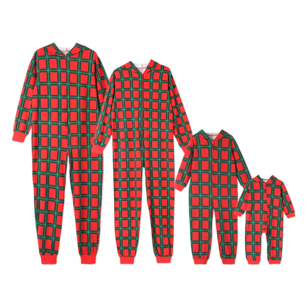 PatPat/Семейный комплект; клетчатая Пижама с капюшоном; пижама с длинными рукавами на молнии; сезон осень; хлопковая семейная Рождественская Пижама