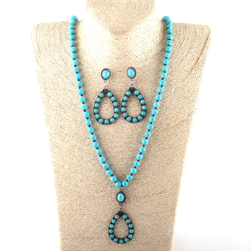 

MOODPC Fashion Jewelry Set Turq Stone / Glass Long Knotted Drop Necklace Earring set