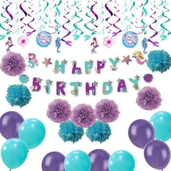 

14pcs Mermaid Party Decorations Mermaid Banner Latex Balloons Pom Poms for Happy Birthday Party Kids Under The Sea Decors