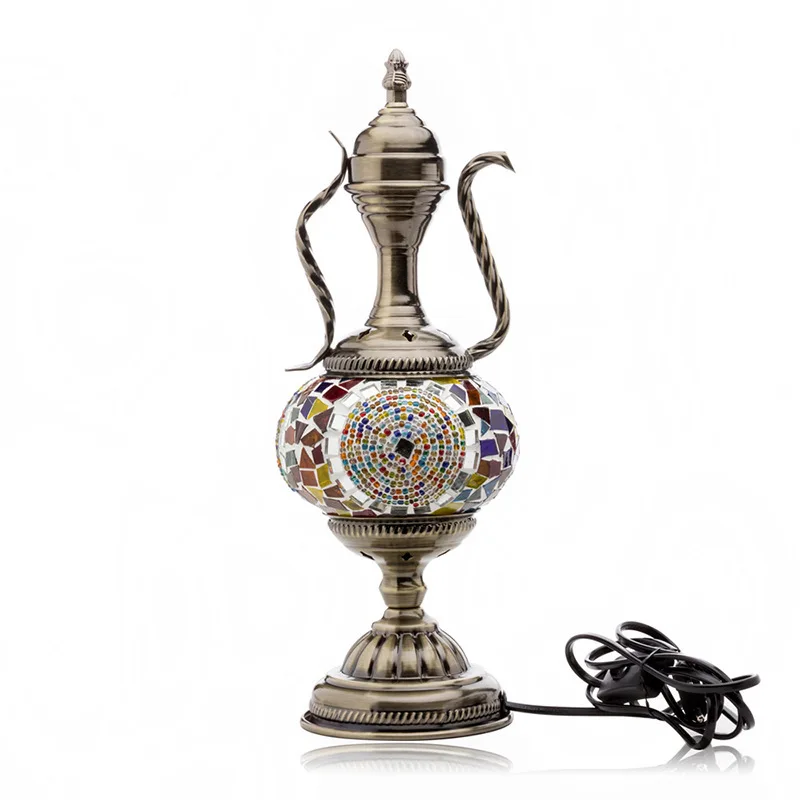 Turkish Style Exotic Retro Glass Decorative Table Lamp Coffee Pot Living Room Bedroom Bedside Led Night Light