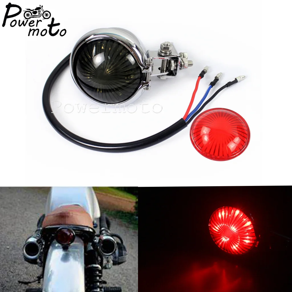 12V Motorcycle Chrome Red Bates Style LED Taillight For Harley Chopper Custom Cafe Racer Scrambler Rear Brake Stop Tail Lamp |