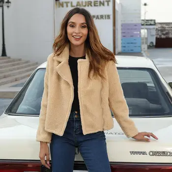 

OLE 2019 Lamb Fleece Long Sleeve Zipper Jacket Solid Color Fall/Winter Women's Jacket