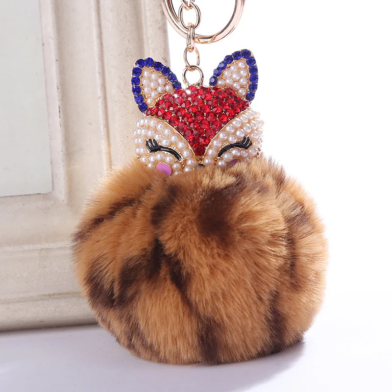 Faux Rabbit Fur Pom Pom Keychain Fashion Fox Head Keychain With Rhinestones  For Womens Bag, School Bag, Cellphone Or Car Pendant