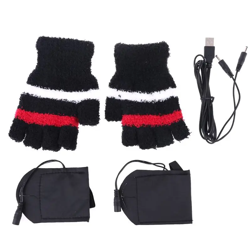 Women Men USB Powered Stripes Electric Heated Gloves Thicken Warm Fingerless Hand Warmer Motorcycle Laptop Computer Mittens A69C