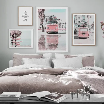 

Pink Van Pickup Beach Sea Surfboard Quote Wall Art Canvas Painting Nordic Posters And Prints Wall Pictures For Living Room Decor