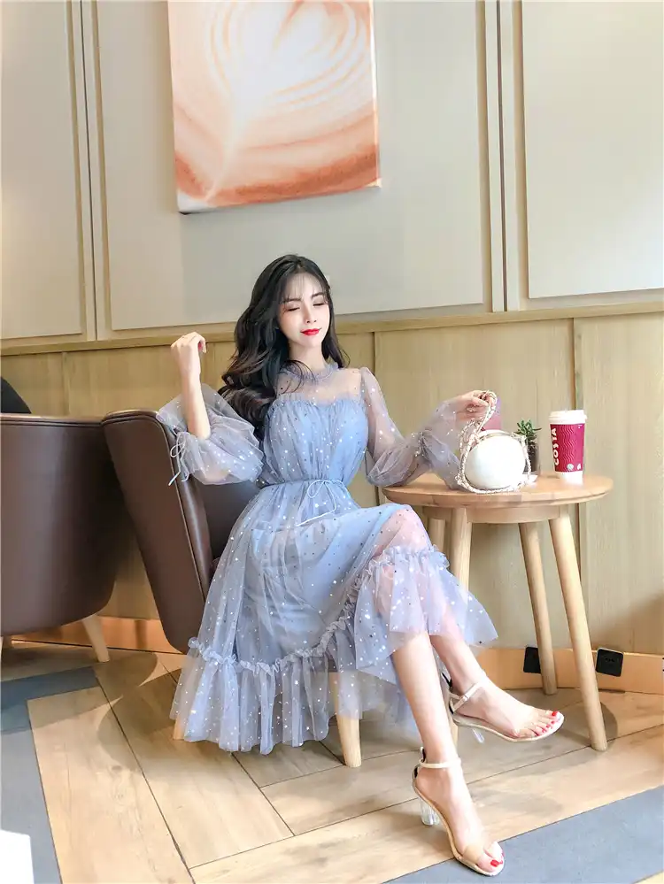 New shiny women dress sequined transparent loose a line mesh patchwork elegant solid summer dress korean style kimono
