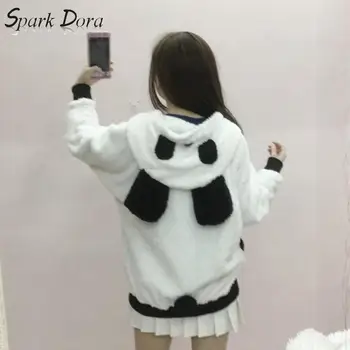

SparkDora 2019 Cute Spring Autumn Winter Women's Dress Korean-style Bat Sleeve Hooded Panda Sweatshirt Furry Sweaters Soft Coat