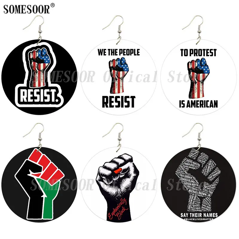 

SOMESOOR Say Their Names Power Fist Wooden Drop Earrings Euphorically Black Resist Printed Custom Wood Jewelry For Women Gifts