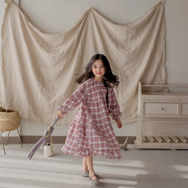 

New 2020 Girls Spring Dress Loose Plaid Cotton Baby Princess Dress Children Pleated Dress Fold Retro Bow Toddler Clothes,#3485
