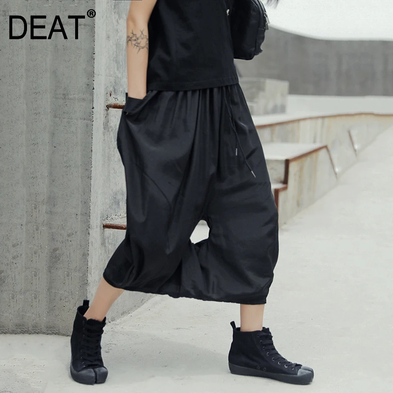 

[DEAT] 2019 New Autumn Winter High Elastic Waist Black Leisure Hollow Out Loose Wide Leg Pants Women Trousers Fashion Tide JW54