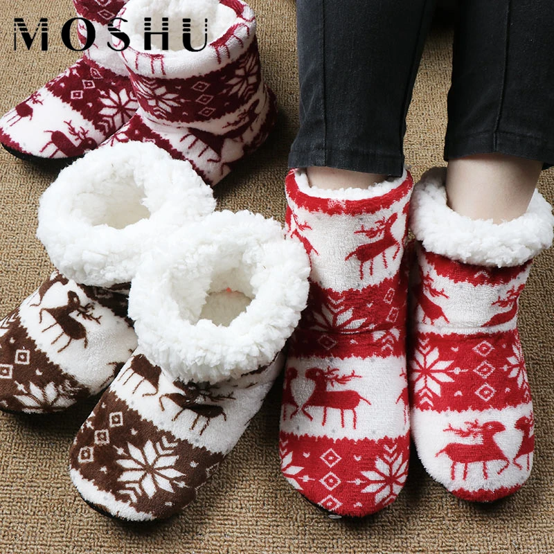 

Women Winter Warm Home Slipper Plush Flip Flops Elk Print Christmas Fleece Flat Shoes Indoor Sock Shoes Fur Cotton House Slipper
