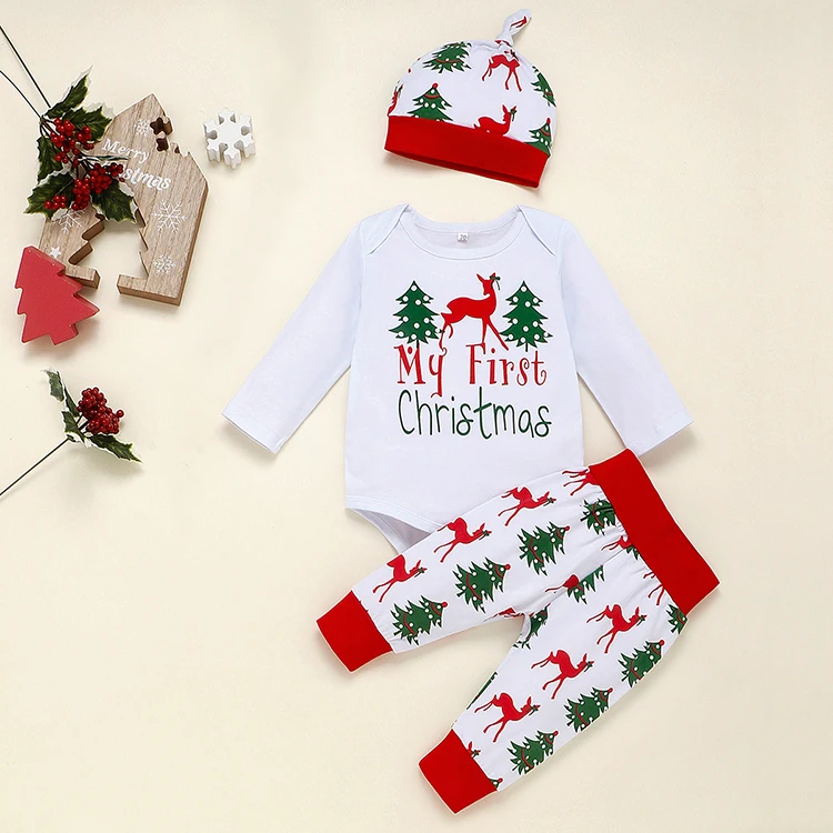 Рождественская Одежда для новорожденных мальчиков и девочек; комплект из 3 предметов; топы; комбинезон; комплекты со штанами; рождественские комплекты одежды с длинными рукавами для малышей