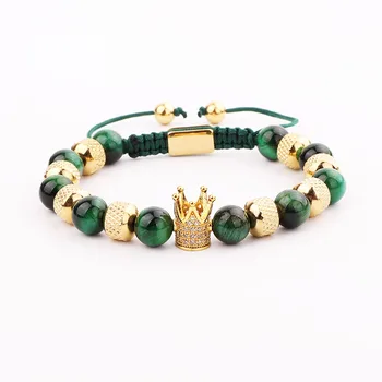Natural Stone Crown Men Bracelet Green Tiger Eye Beads Stainless Steel Macrame Adjustable Bracelet Men Jewelry