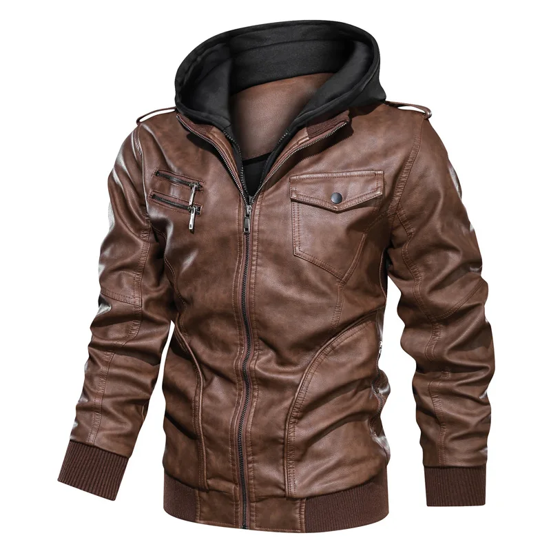 Dropshipping NEGIZBER New Brand Faux Leather Jacket Men Double Collar Hooded Zipper Leather Jacket Men Fashion Motocycle Jacktes